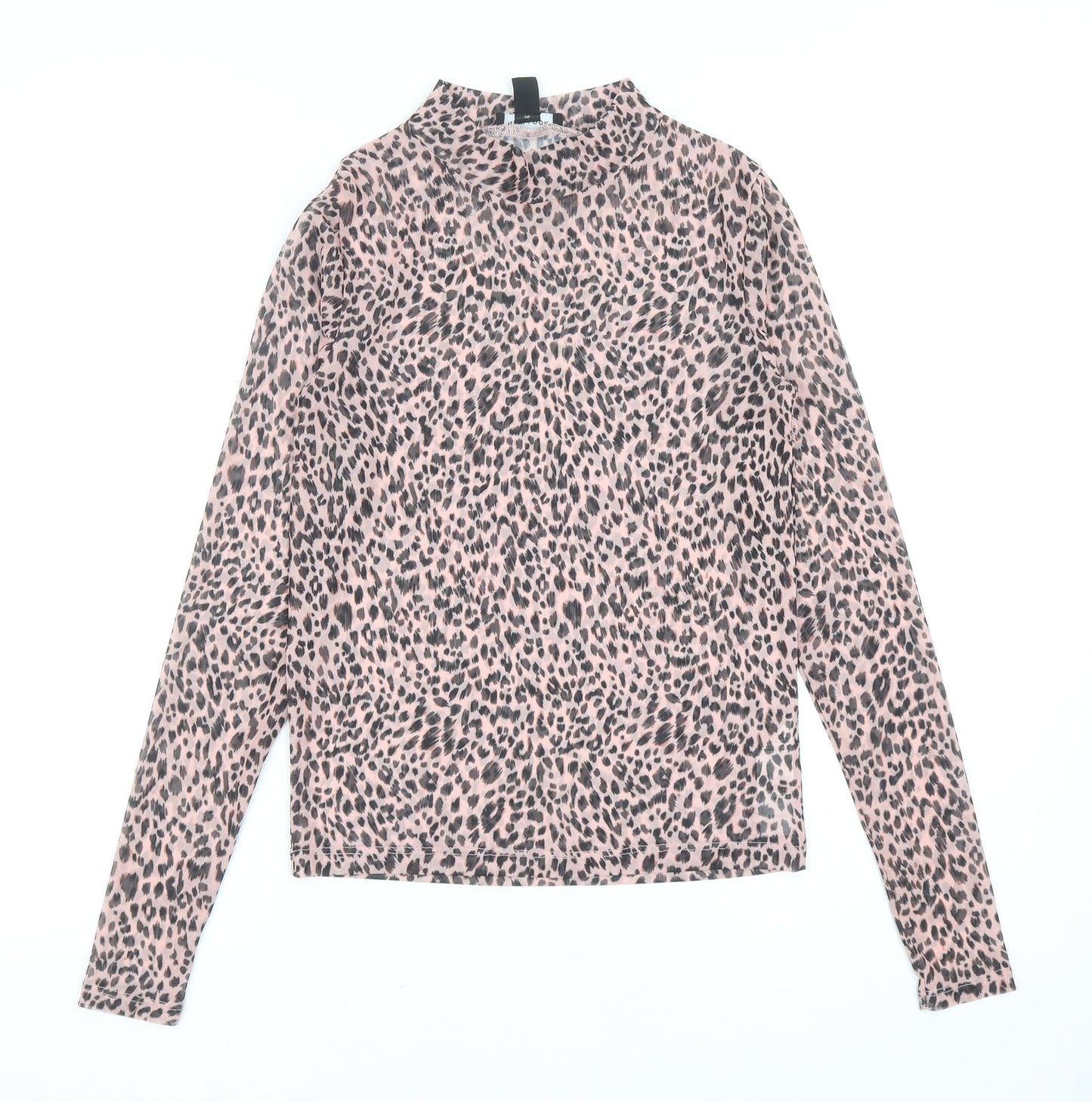 New Look Womens Pink Animal Print Polyester Basic T-Shirt Size 6 Mock Neck - Leopard Print