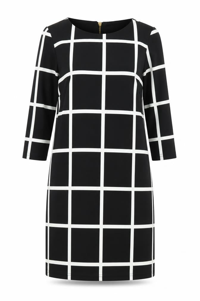 Villa Womens Black Check Polyester Shift Size S Boat Neck Zip