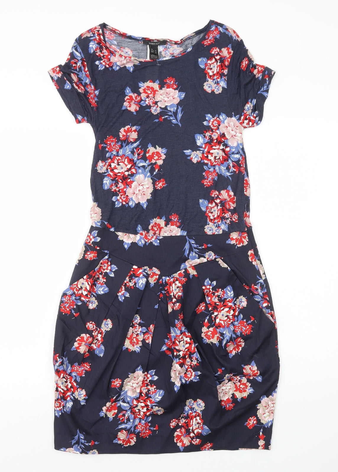 Mango Womens Blue Floral Polyester Pencil Dress Size M Boat Neck Zip
