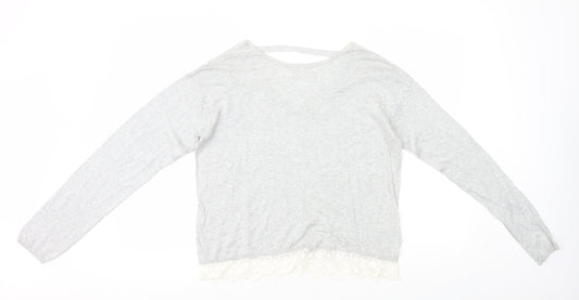 H&M Girls Grey Cotton Basic T-Shirt Size 14 Years Round Neck Pullover - Lace Trim