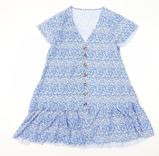Preworn Womens Blue Geometric Polyester A-Line Size M V-Neck Button