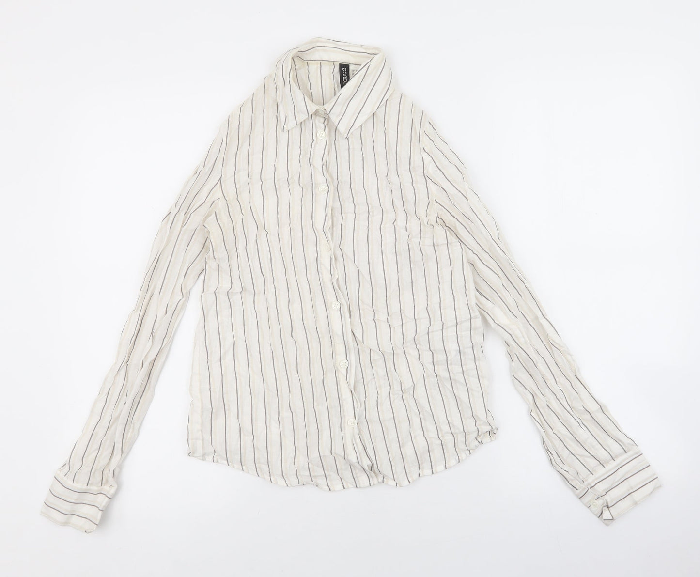 Divided Womens Ivory Striped 100% Cotton Basic Button-Up Size 2XS Collared