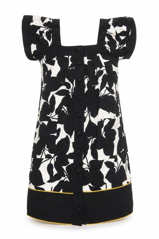 French Connection Womens Black Floral 100% Cotton Shirt Dress Size 8 Square Neck Button - Mustard hem on the bottom