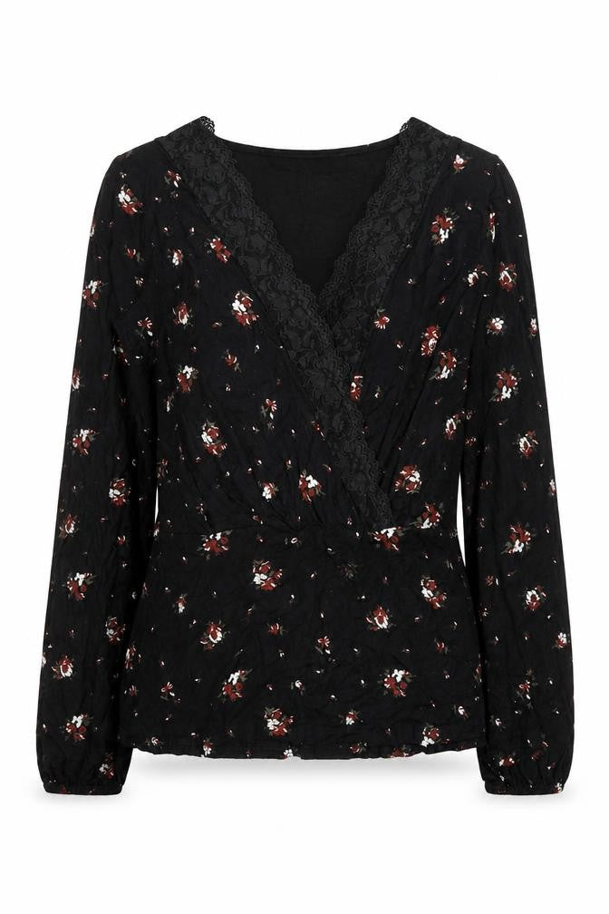 Boohoo Womens Black Fair Isle Polyester Basic Blouse Size 6 V-Neck - Lace Detail