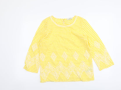 Next Womens Yellow Check Cotton Basic Blouse Size 6 Round Neck