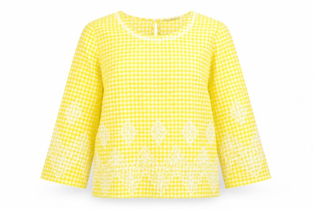 NEXT Womens Yellow Check Cotton Basic Blouse Size 6 Round Neck