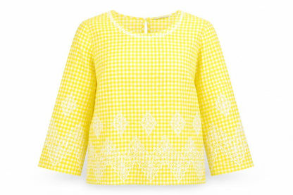 Next Womens Yellow Check Cotton Basic Blouse Size 6 Round Neck