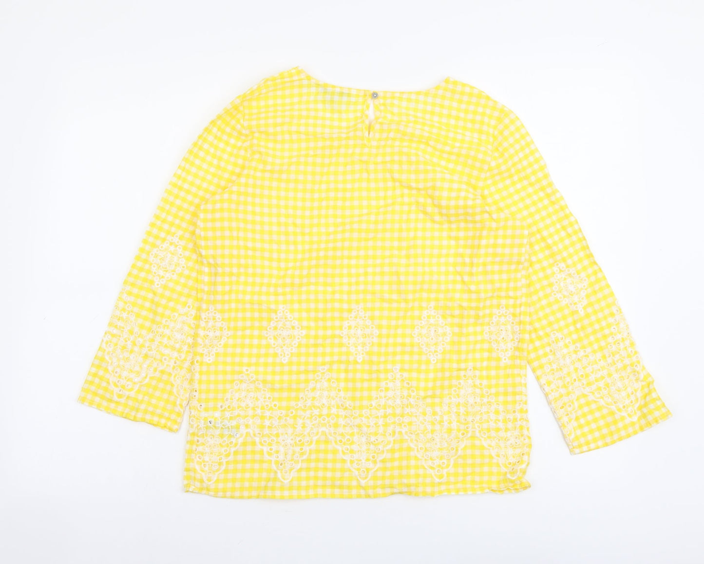 NEXT Womens Yellow Check Cotton Basic Blouse Size 6 Round Neck