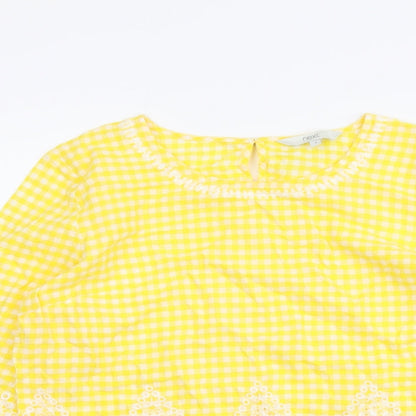 Next Womens Yellow Check Cotton Basic Blouse Size 6 Round Neck
