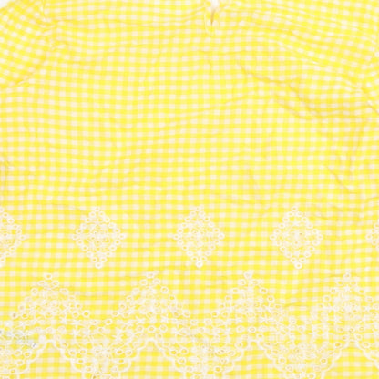 Next Womens Yellow Check Cotton Basic Blouse Size 6 Round Neck
