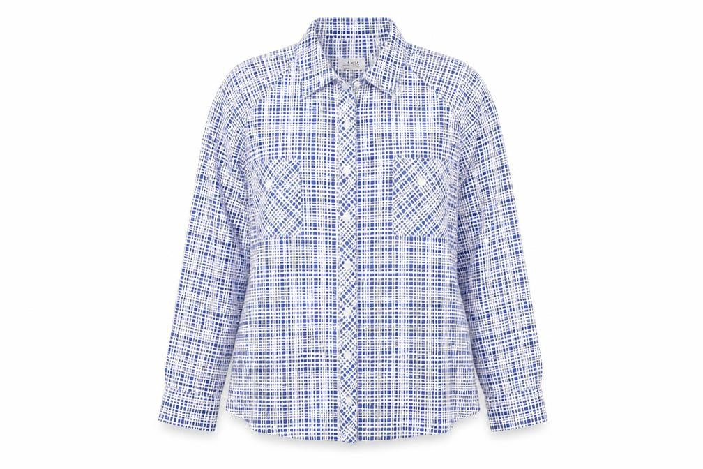 D&Co. Womens Blue Geometric Polyester Basic Button-Up Size XL Collared