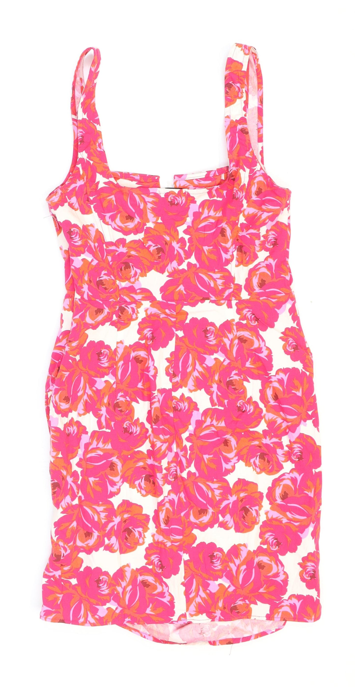 Stradivarius Womens Pink Floral Polyester Bodycon Size M V-Neck Zip