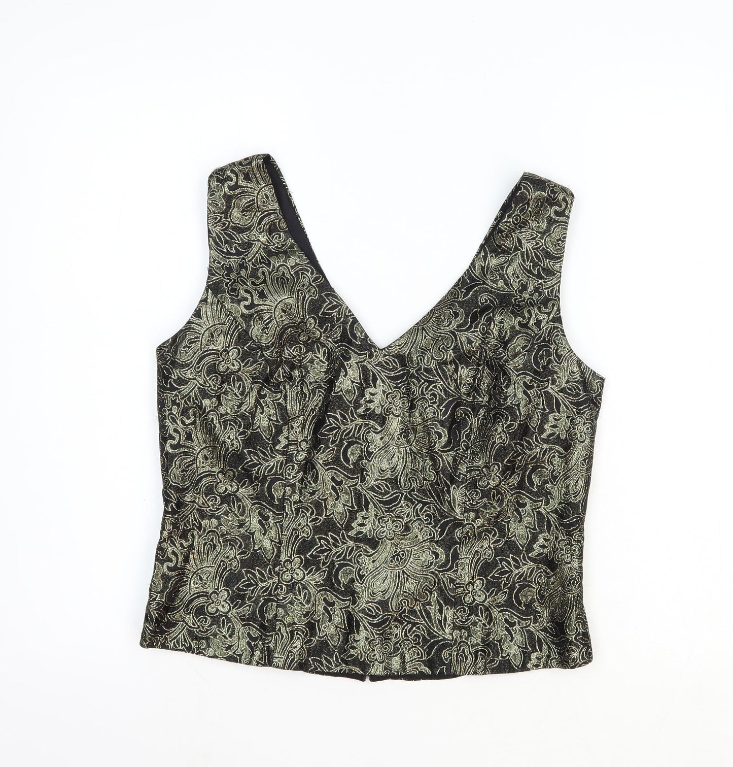 Caliendo Womens Gold Floral Acetate Basic Tank Size 8 V-Neck