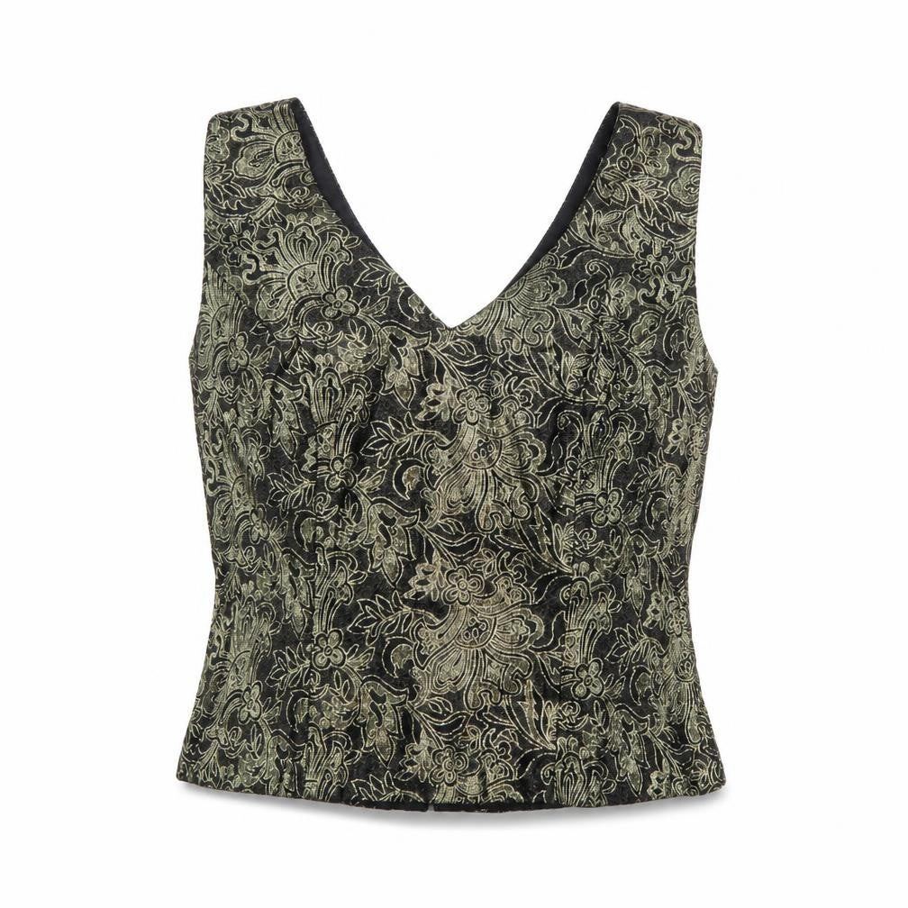 Caliendo Womens Gold Floral Acetate Basic Tank Size 8 V-Neck
