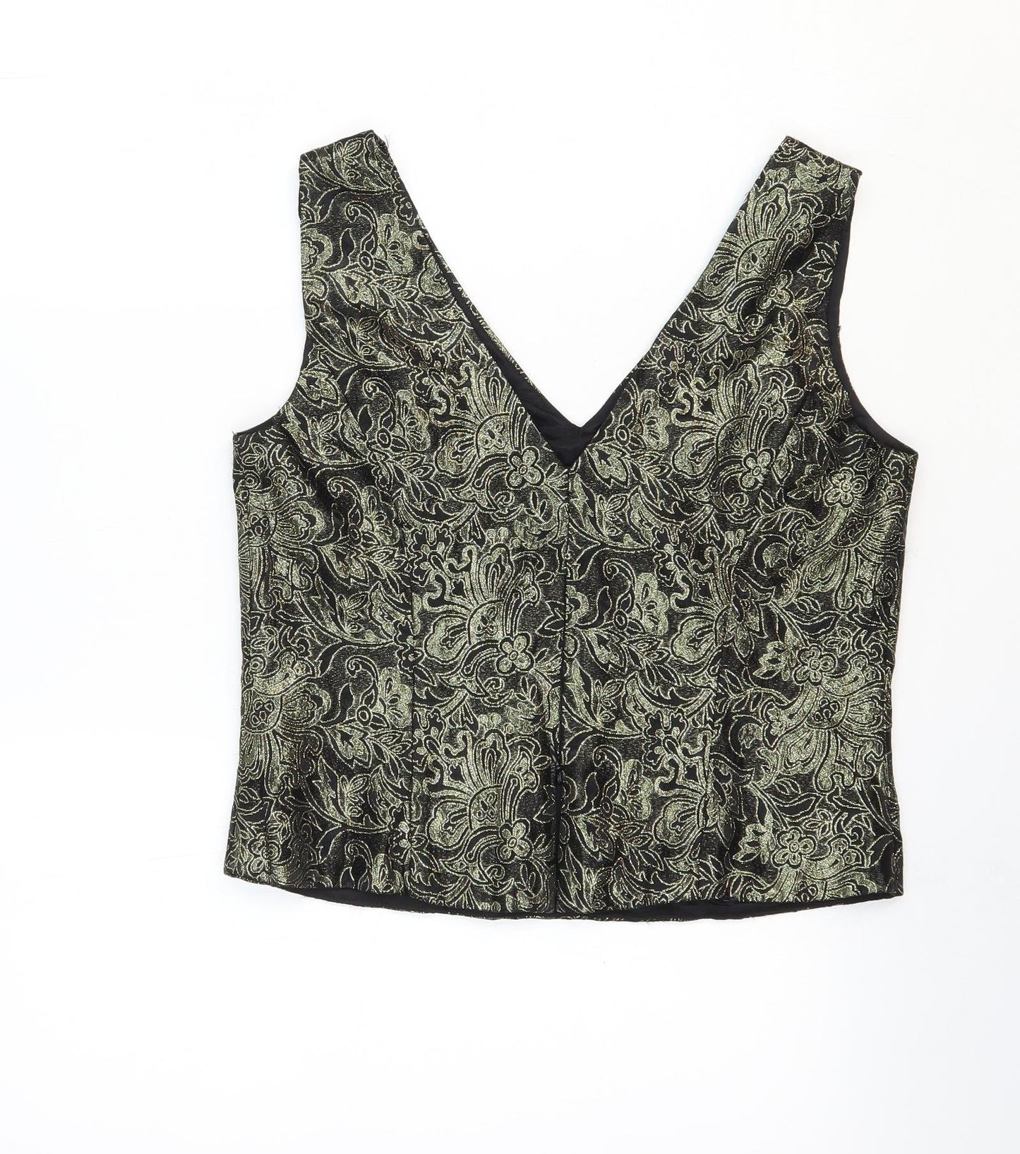 Caliendo Womens Gold Floral Acetate Basic Tank Size 8 V-Neck