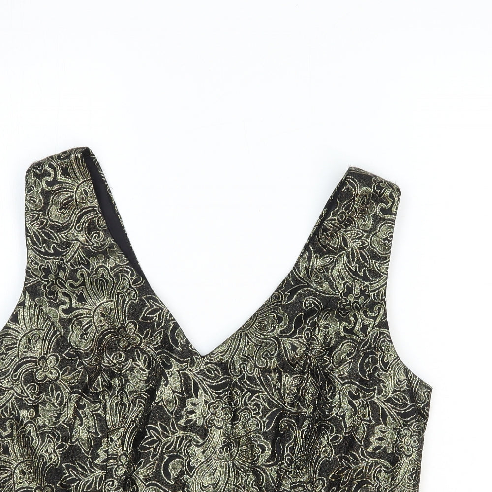 Caliendo Womens Gold Floral Acetate Basic Tank Size 8 V-Neck