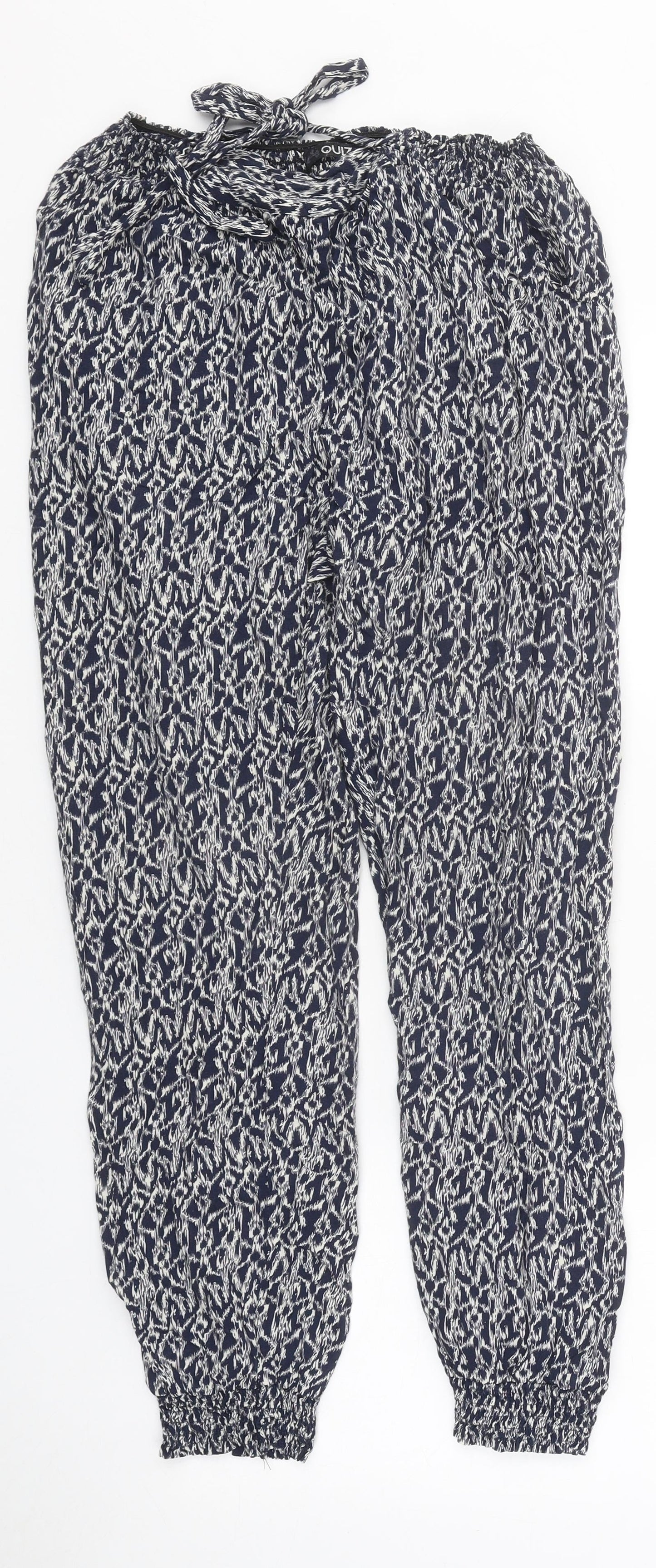 Quiz Womens Black Geometric Viscose Trousers Size 10 L27 in Regular Drawstring