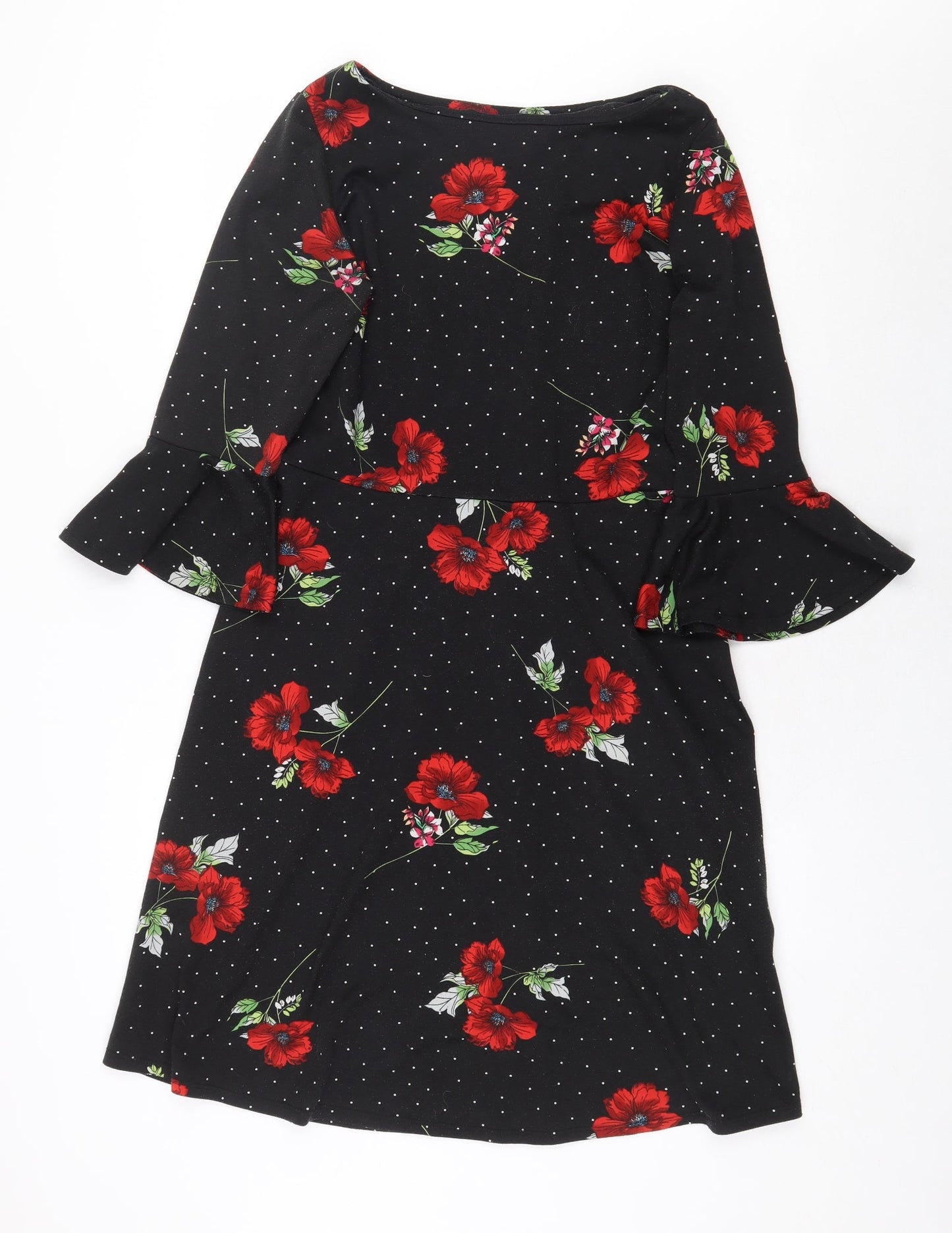 Paraphrase Womens Black Floral Polyester A-Line Size S Boat Neck Pullover