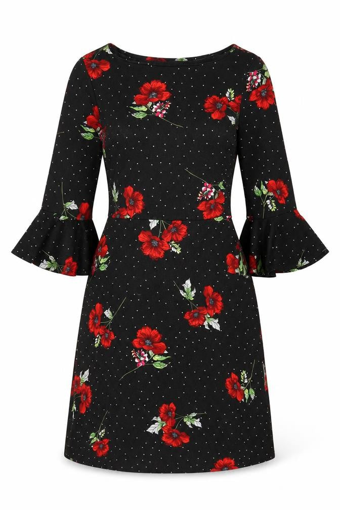 Paraphrase Womens Black Floral Polyester A-Line Size S Boat Neck Pullover