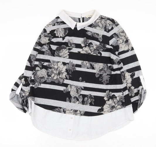 Monteau Womens Grey Striped Polyester Basic Blouse Size M Collared - Flowers
