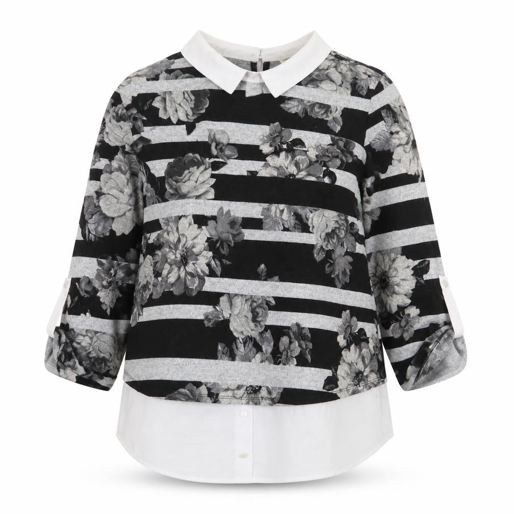 Monteau Womens Grey Striped Polyester Basic Blouse Size M Collared - Flowers