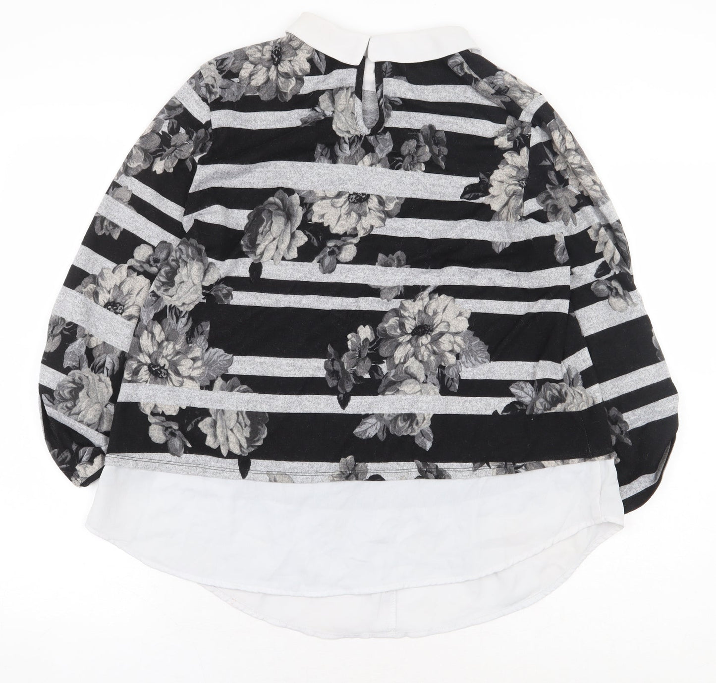 Monteau Womens Grey Striped Polyester Basic Blouse Size M Collared - Flowers