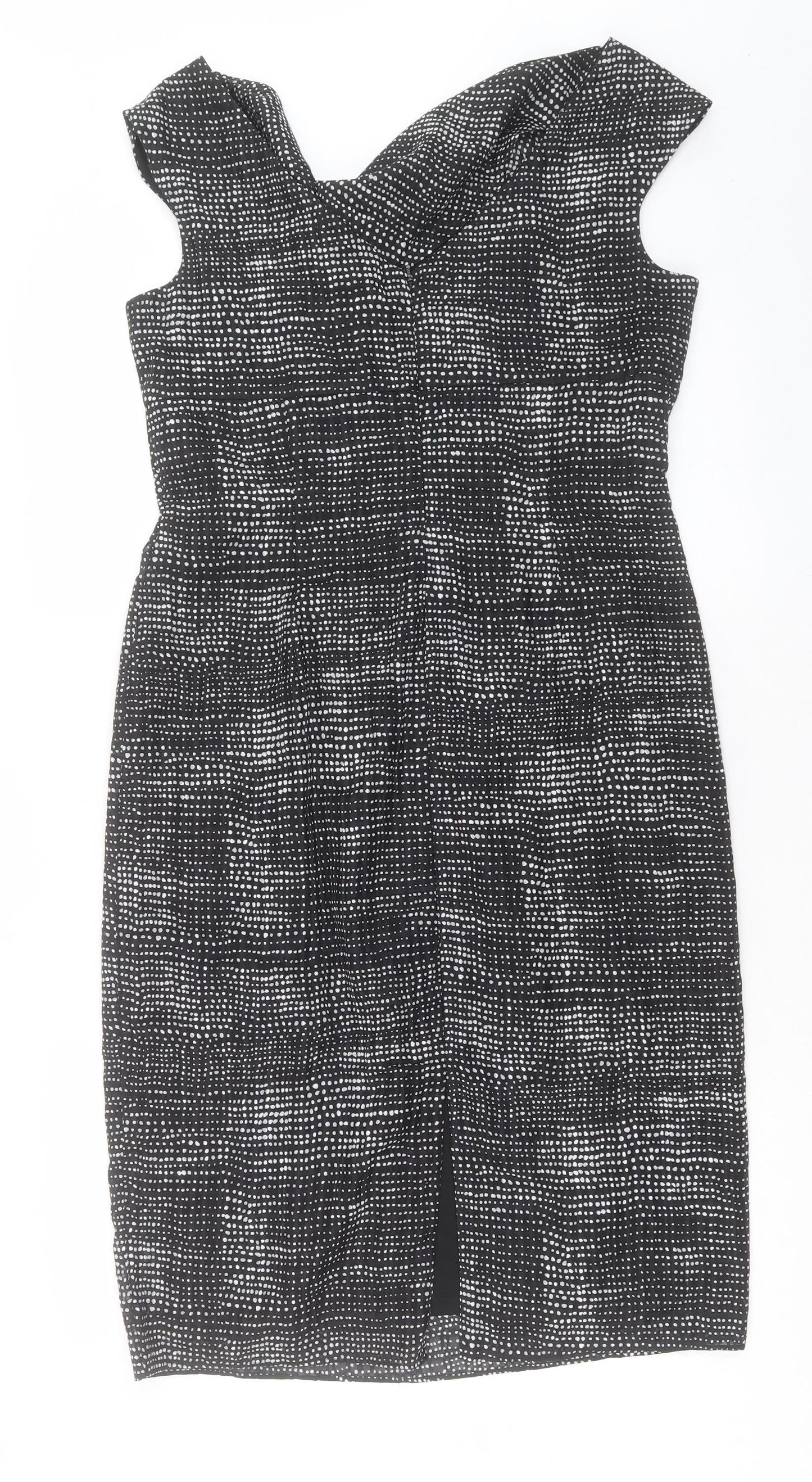 Gina Bacconi Womens Black Geometric Polyester Shift Size 12 Cowl Neck Zip