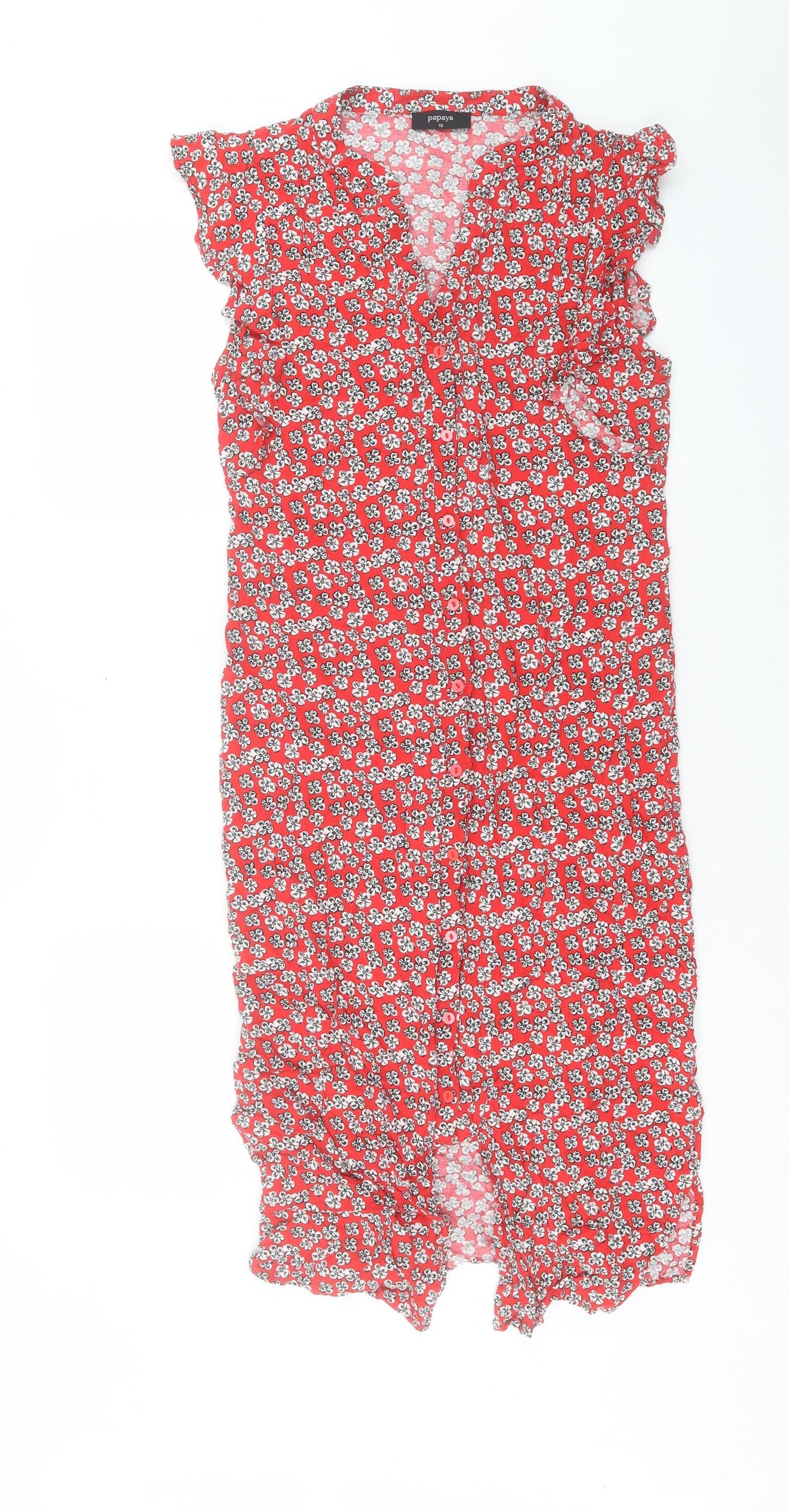 Papaya Womens Red Floral Viscose A-Line Size 10 V-Neck Button