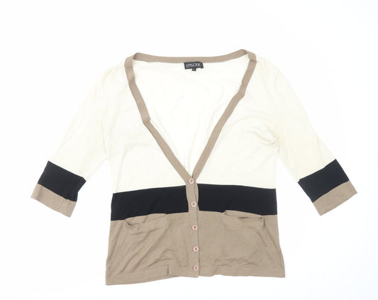 Episode Womens Brown V-Neck Striped 100% Cotton Cardigan Jumper Size L
