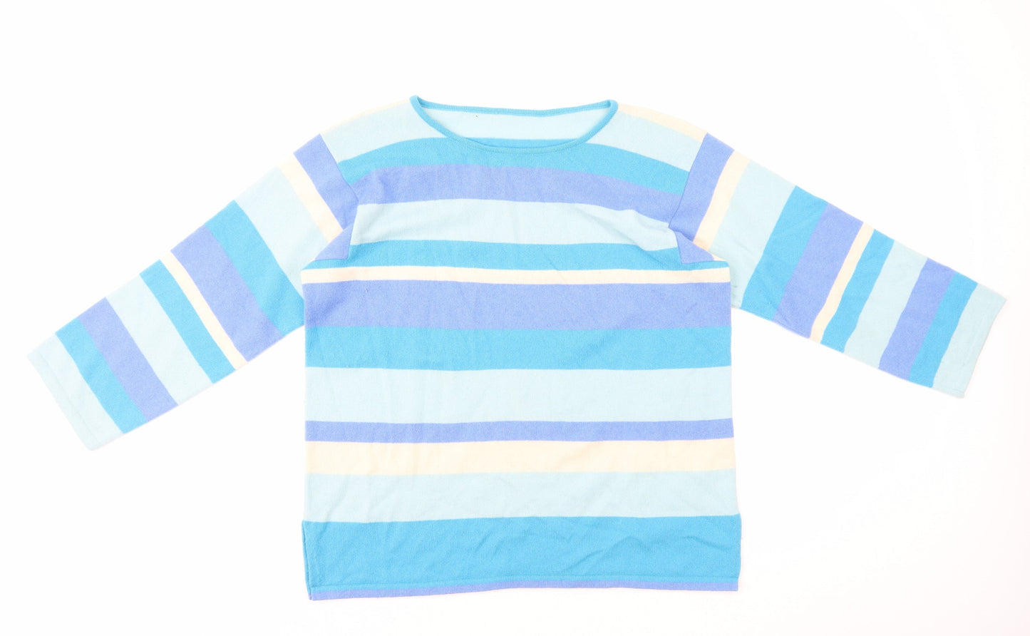 Preworn Womens Blue Striped Polyester Basic T-Shirt Size M Scoop Neck