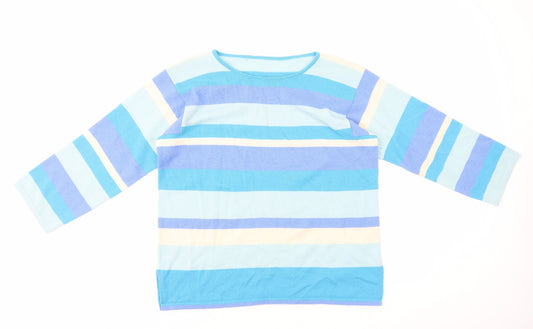 Preworn Womens Blue Striped Polyester Basic T-Shirt Size M Scoop Neck