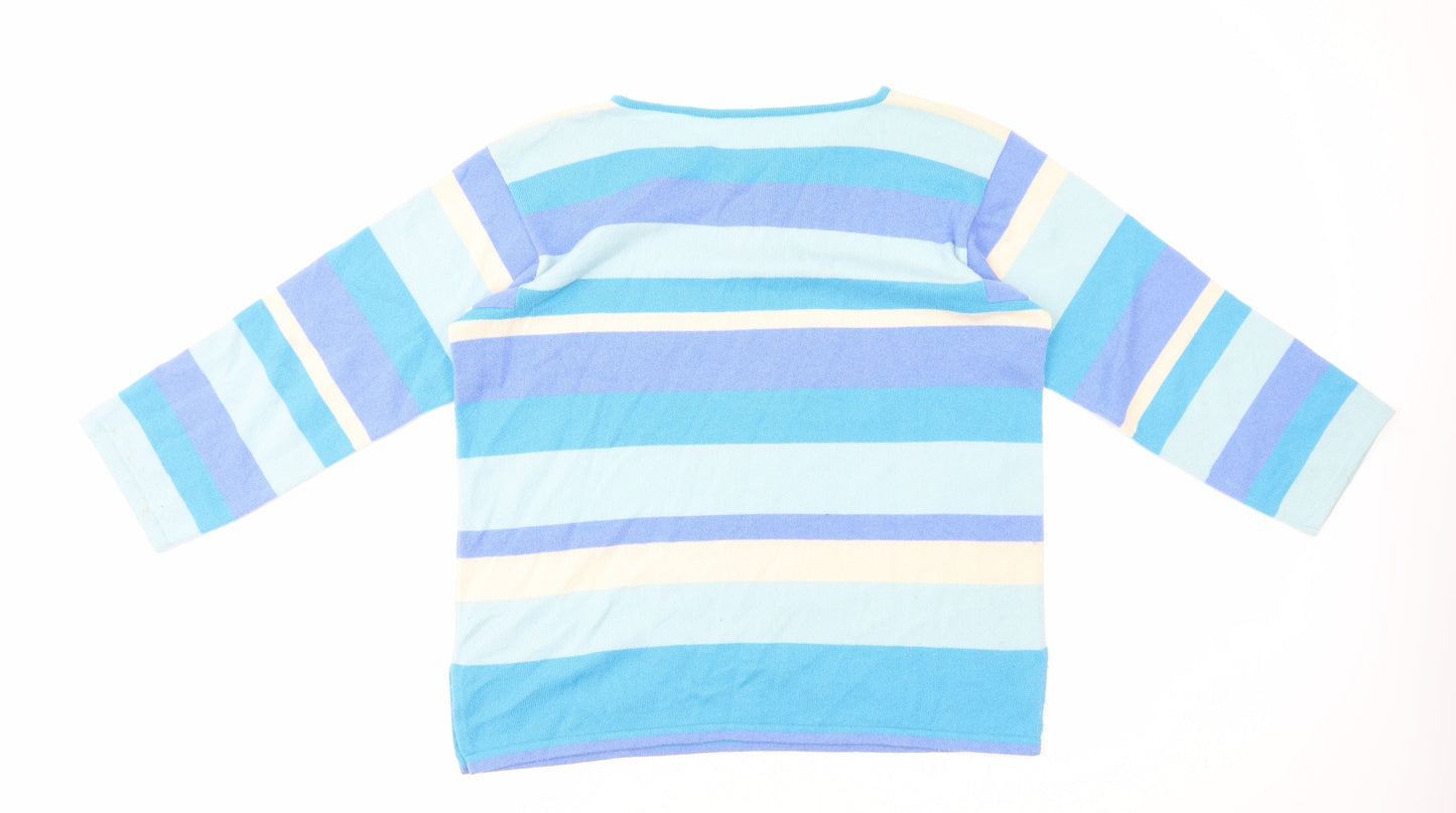Preworn Womens Blue Striped Polyester Basic T-Shirt Size M Scoop Neck