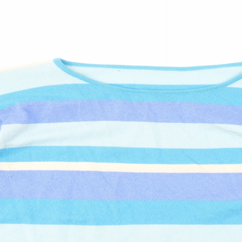 Preworn Womens Blue Striped Polyester Basic T-Shirt Size M Scoop Neck