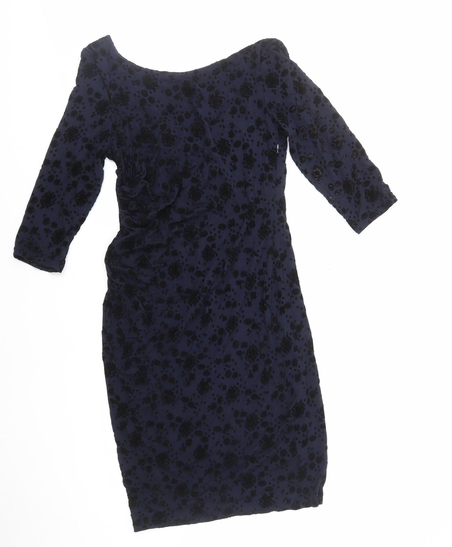 Preworn Womens Black Geometric Polyester Bodycon Size 10 Scoop Neck Zip