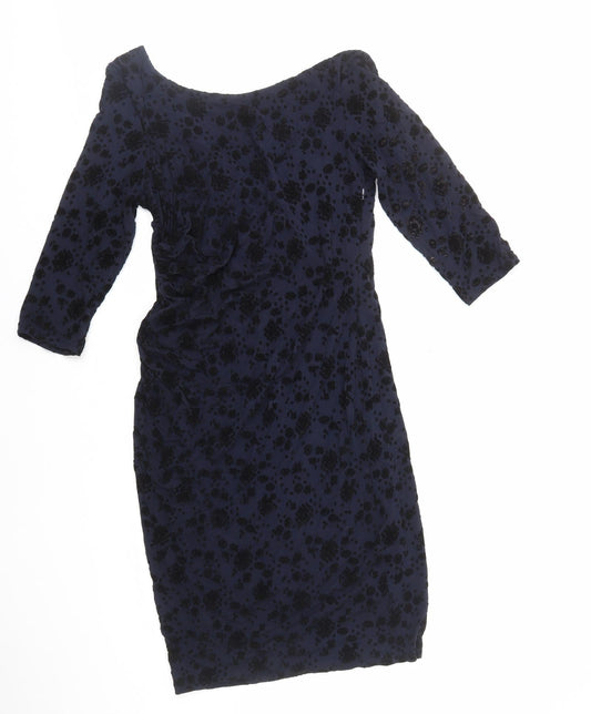 Preworn Womens Black Geometric Polyester Bodycon Size 10 Scoop Neck Zip