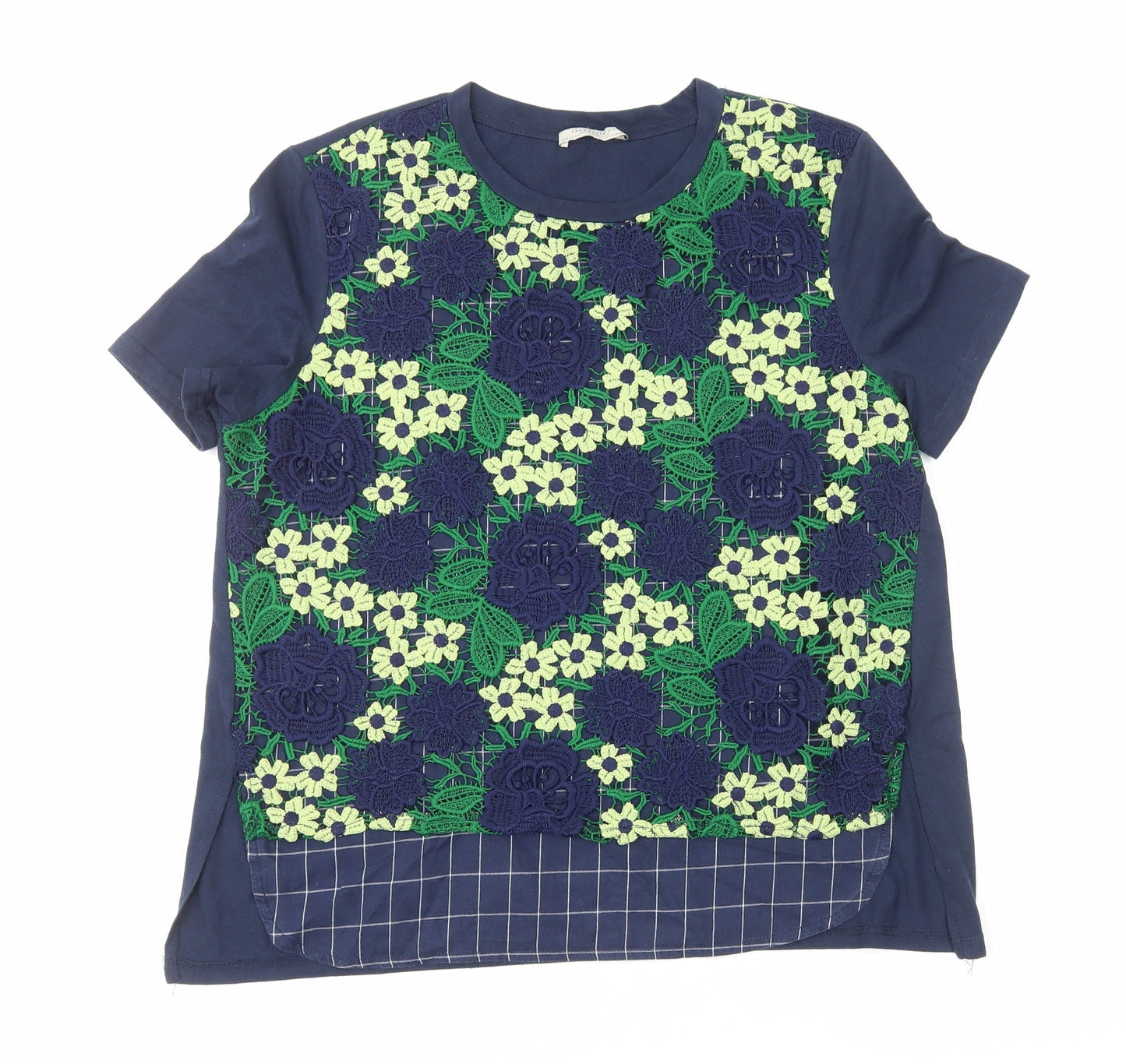 Zara Womens Blue Geometric Polyester Basic T-Shirt Size M Round Neck