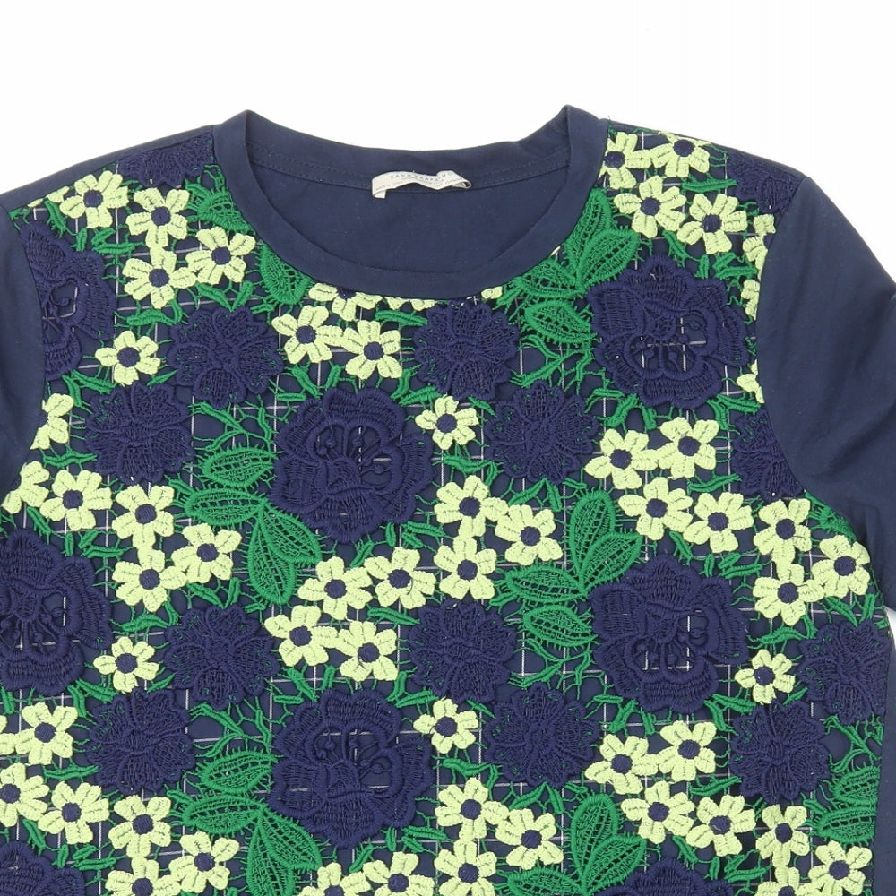 Zara Womens Blue Geometric Polyester Basic T-Shirt Size M Round Neck