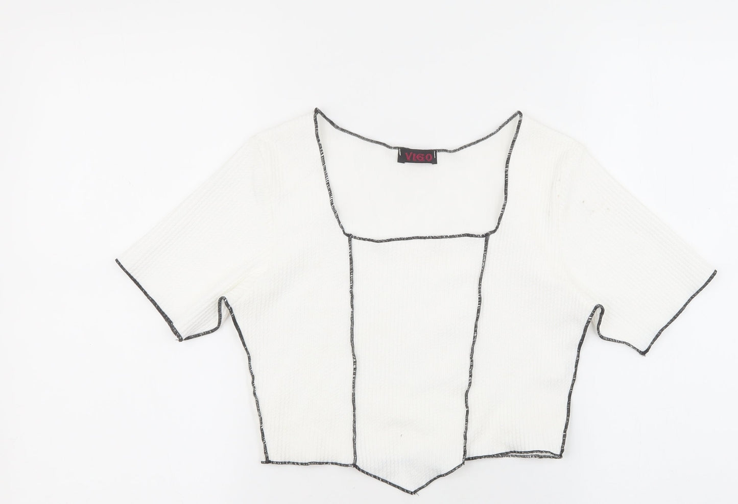 Vigo Womens White Geometric Polyester Basic T-Shirt Size 10 Square Neck - Black stitching