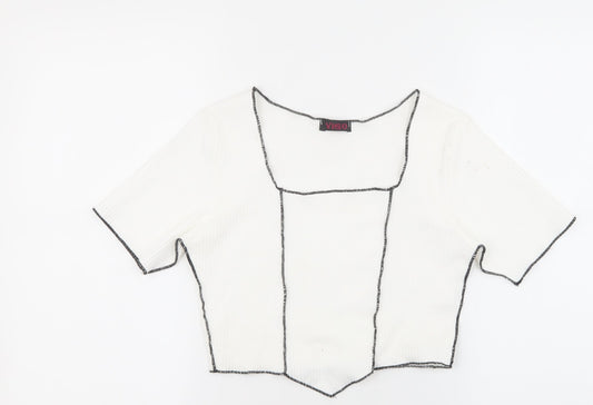 Vigo Womens White Geometric Polyester Basic T-Shirt Size 10 Square Neck - Black stitching