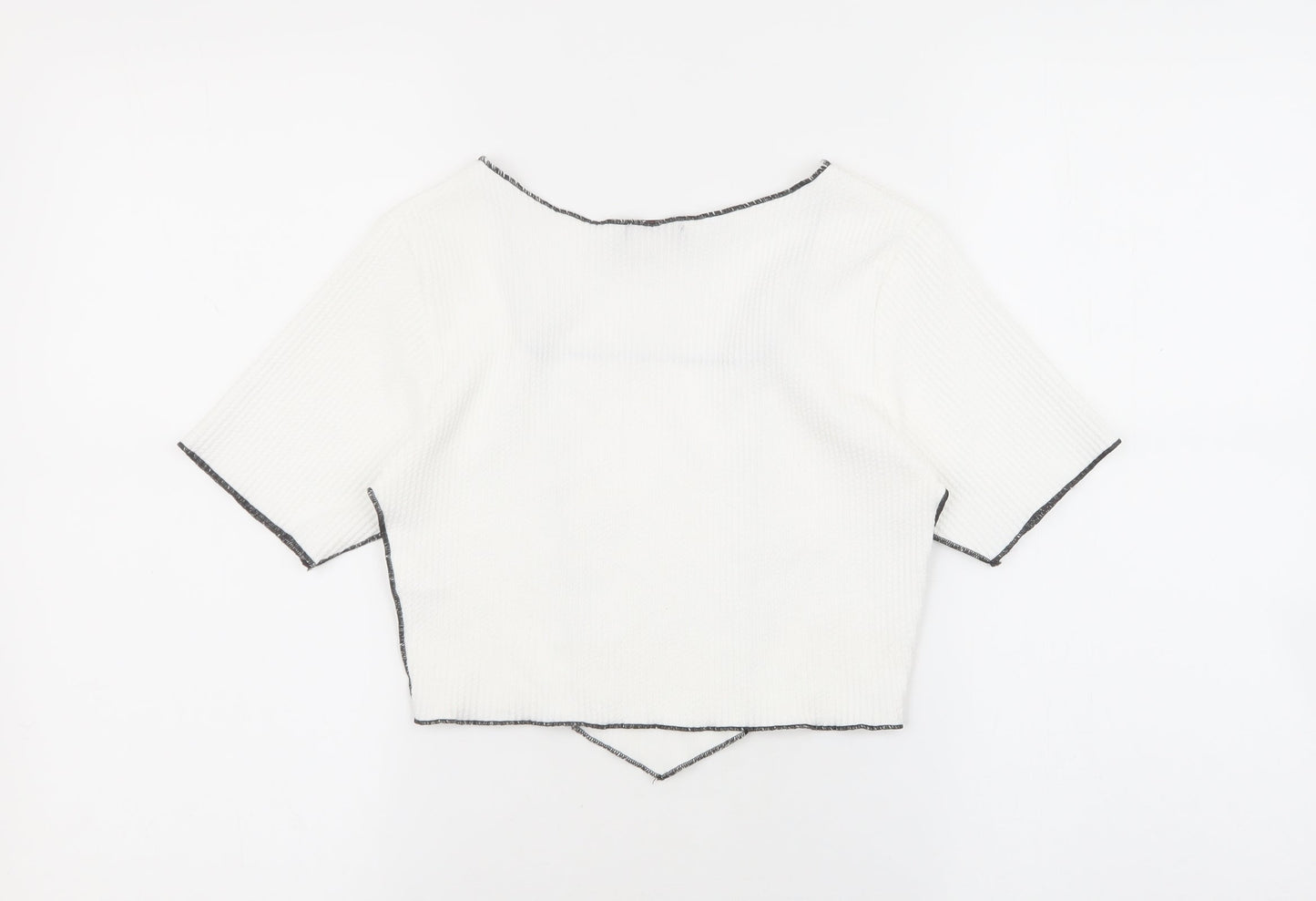 Vigo Womens White Geometric Polyester Basic T-Shirt Size 10 Square Neck - Black stitching