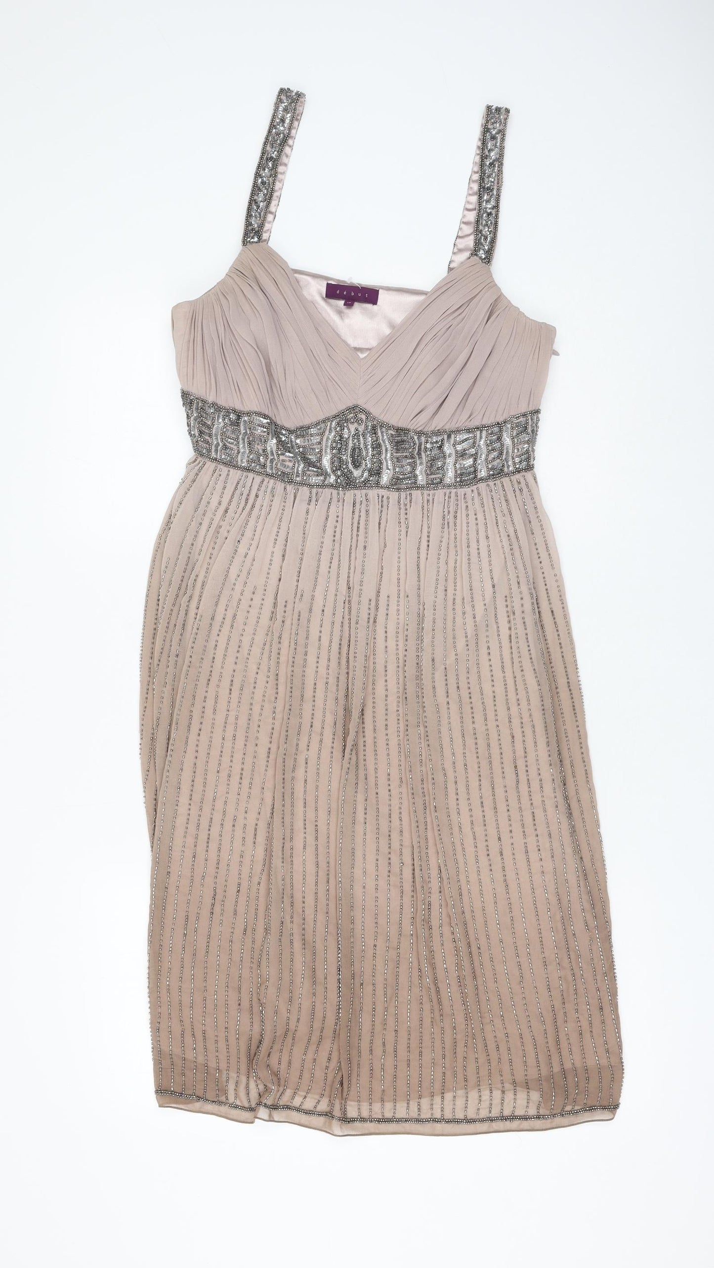 Debut Womens Beige Striped Polyester Shift Size 12 V-Neck Zip