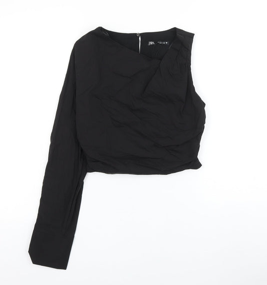 Zara Womens Black Cotton Cropped Blouse Size S One Shoulder