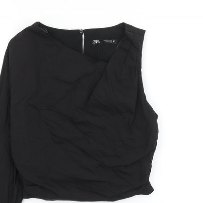 Zara Womens Black Cotton Cropped Blouse Size S One Shoulder