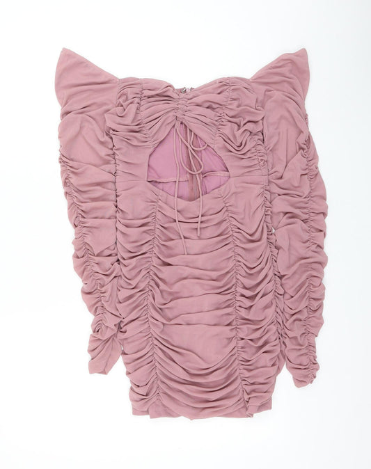 Eighth Hour Womens Pink Nylon Mini Size 12 V-Neck Zip - Ruched