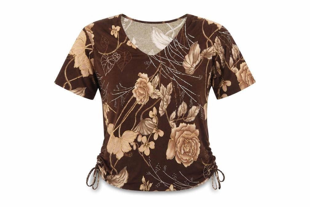 Sonic Womens Brown Floral Polyester Basic T-Shirt Size S V-Neck