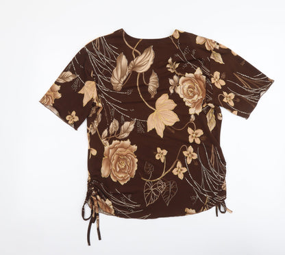 Sonic Womens Brown Floral Polyester Basic T-Shirt Size S V-Neck