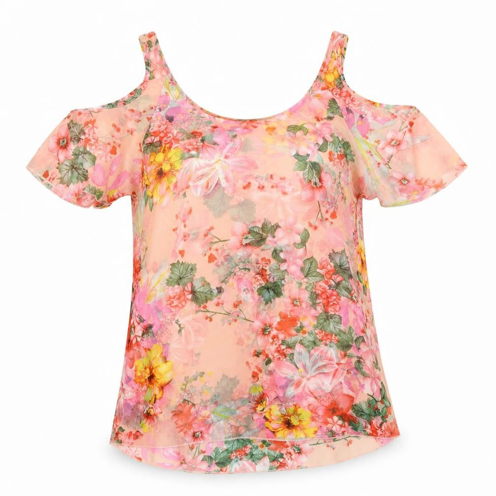 Parisian Collection Womens Multicoloured Floral Polyester Basic Blouse Size 8 Scoop Neck - Cold Shoulder