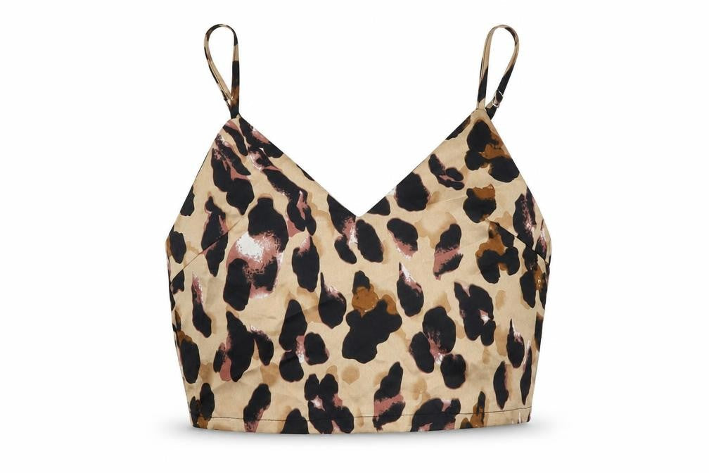 Zaful Womens Beige Animal Print Polyester Cropped Tank Size S V-Neck - Leopard Pattern