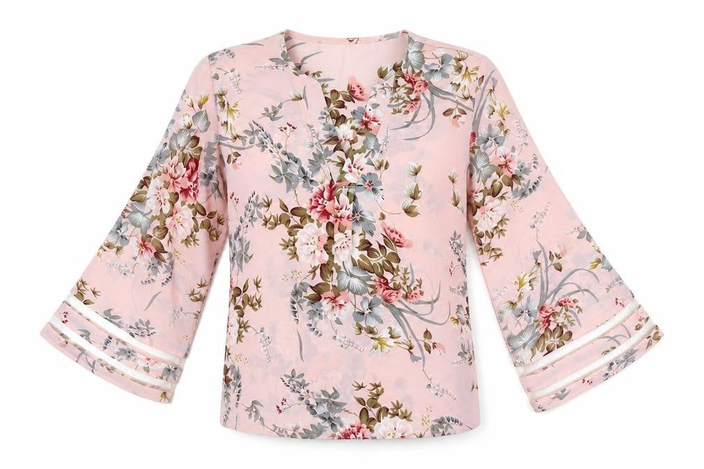 SheIn Womens Pink Floral Polyester Basic Blouse Size S V-Neck - Flared Sleeves