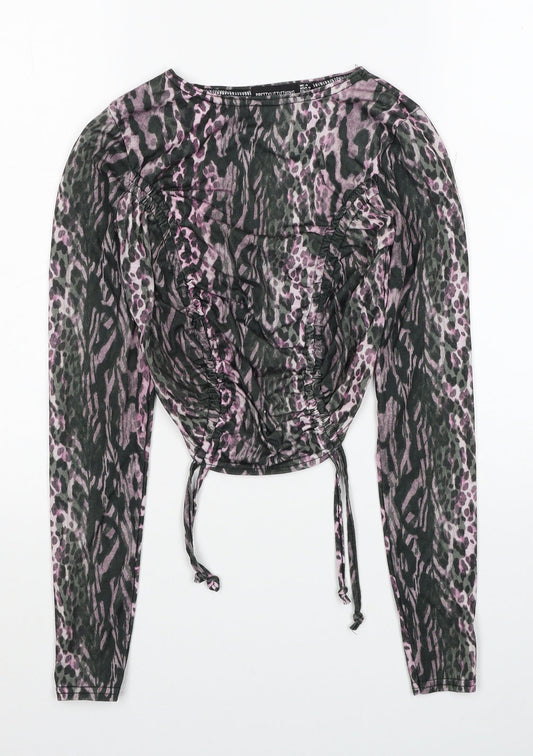 PRETTYLITTLETHING Womens Multicoloured Animal Print Polyester Cropped Blouse Size 4 Boat Neck - Leopard Print